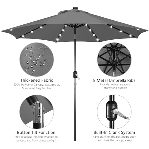 Yaheetech 9FT Solar Powered Patio Umbrella - UV Protection Market Table Umbrella w/ 32 LED Lights & Push Button Tilt & Crank Lift System for Garden/Lawn/Deck/Backyard/Pool, Gray - color: Gray, size: 9ft