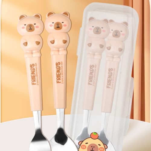 Capybara Spoon and Fork Set, Camping Utensils Cartoon Capybara Kids Dinnerware Student School Ladle Cutlery Portable Children Tableware