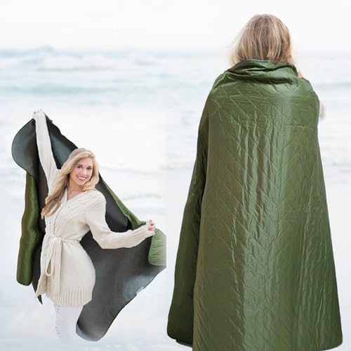 Large Outdoor Waterproof Blanket-Quilted Extra Thick Fleece Windproof Warm Includes Stuff Sack Shoulder Strap Machine Washable,55"x78"- Army Green - color: Green