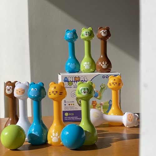 Bowling Set for Kids 2-5, Indoor Bowling Game Toy for 3 4 Year, 10 Plastic Bowling Pins 2 Bowling Ball, Animal Toddler Bowling Set, Birthday Gifts for 2 3 4 5 Year Old Boys & Girls