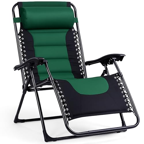 Backyard Expressions Deluxe XL Padded Recliner Zero Gravity Chair – Ergonomic Anti-Gravity Lounger with Folding Design, Side Tray, and Adjustable Headrest - color: Black/Forest Green