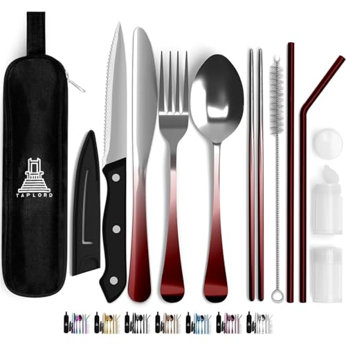 Taplord Portable Travel Silverware Set With Case - Includes 10 Pcs of Utensils, Stainless Steel Flatware For Camping, Easy to Travel, Lightweight (Red Two Tune) - color: Gradient Red, size: 10 Pieces