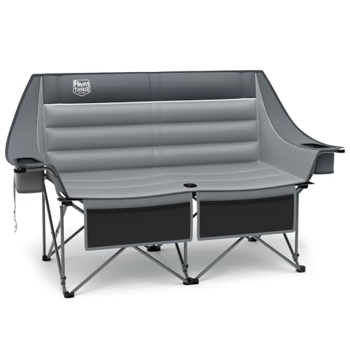 Timber Ridge 600 lbs Double Camping Chair, Ultra-Wide Heavy Duty Outdoor Folding Camp Couch, Loveseat Camping Chairs Perfect for Campsites, Patio/Lawn, Soccer Games or Other Youth Sports, Supports - color: Loveseat Grey