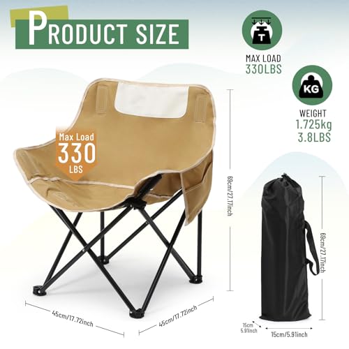 2 Pack Compact Camping Chairs Portable Folding for Outside with Carry Bag Lightweight Moon Chairs for Travel Picnic Hiking Beach Fishing, 600D Oxford, Supports 330lbs(Khaki, Black) - color: Khaki, Black
