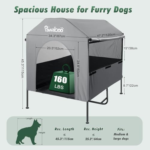 Pawaboo 47'' XL Dog House Outdoor for Medium Large Breeds, Weatherproof Large Dog Shelter, Elevated Dogs Bed & Breathable Mesh Windows, Larges Dogs Houses Outdoor/Indoor for All Seasons, Grey