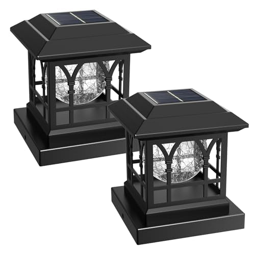 Fence Post Solar Lights, Crackle Glass Solar Post Cap Lights, 20 Lumens, Warm White & RGB Automatic Cycling 2 Modes for 3.6x3.6 4x4 4.5x4.5 5x5 Vinyl Wooden Posts Decoration, Black (2 Pack) - color: Black, size: 2 Pack