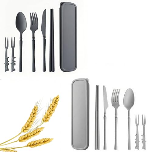 Wheat Straw Portable Cutlery Set Travel Utensils with Case, Reusable Camping Utensil Sets for Lunch Picnic Daily Use Outdoor (Light Grey, Dark Grey) - color: Light Grey, Dark Grey