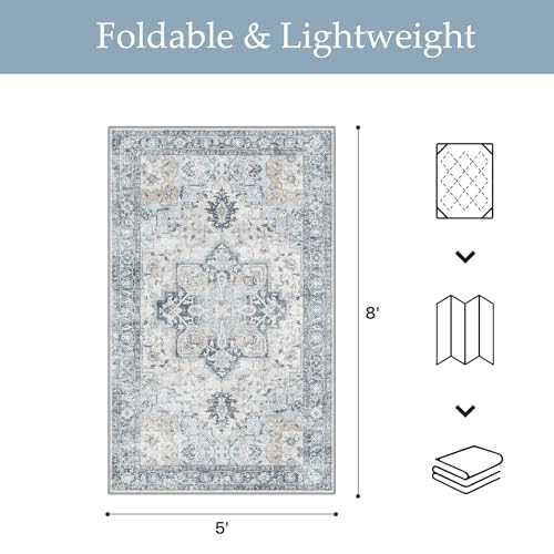 GENIMO Outdoor & Indoor Area Rug 5'x8', Waterproof, Non-Shedding, Easy Cleaning, Boho Mat for Patio, Living Room, Balcony, Dining Room, RV, Deck, Bedroom, Camping, Outside Carpet,Blue - color: Blue, size: 5' x 8' (Rectangular)