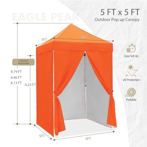EAGLE PEAK 5x5 Instant Canopy with 4-Side Wall Panels, Small Pop up Portable Canopy Tent with Carry Bag, Light Weight Sun Shelter for Sports, Camping and Beach, Orange - color: Orange