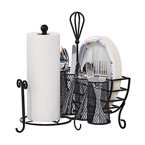 Mikasa Gourmet Basics Avilla Picnic Caddy, Antique Black Finish, Paper Plate Organizer with Flatware Canisters and Paper Towel Spindle, 15 x 14 x 13 in