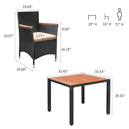 Flamaker 5 Piece Patio Dining Set Outdoor Acacia Wood Table and Chairs with Soft Cushions Wicker Patio Furniture for Deck, Backyard, Garden - color: Black, size: 5 Piece