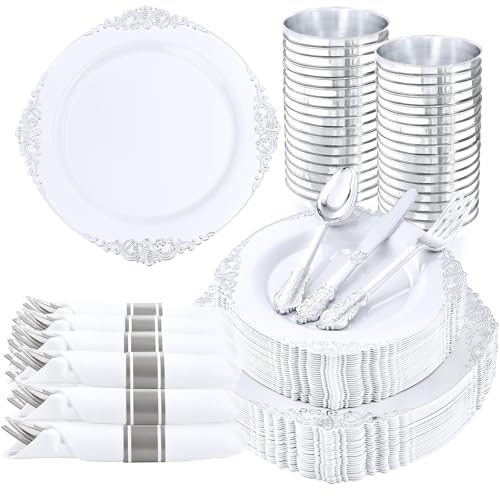 Nervure 350PCS Silver Plastic Plates - Silver Plastic Dinnerware Sets for 50 Guests - 100 Disposable Plates, 150 Silverware, 50 Cups, 50 Napkins for Wedding & Party - color: White and Silver