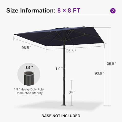PURPLE LEAF 8' x 8' Square Semi-Auto Outdoor Patio Umbrella Aluminium Market Umbrella Table Sun Umbrella with 1.89" Rod and 8 Sturdy Ribs for Deck Lawn Pool Garden, Navy Blue - color: Navy Blue, size: 8' x 8'