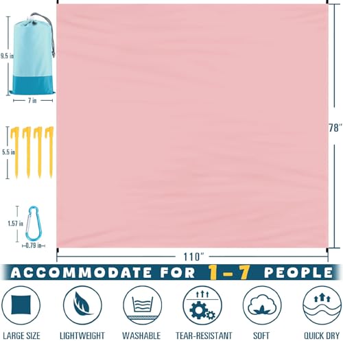 Beach Blanket Waterproof Sandproof 78''×110'' Large Suits 1-7 Adults Oversized Lightweight Picnic Mat Beach Blanket Water Resistant for Camping Hiking Travel Picnic - color: Pink, size: 78''x110''