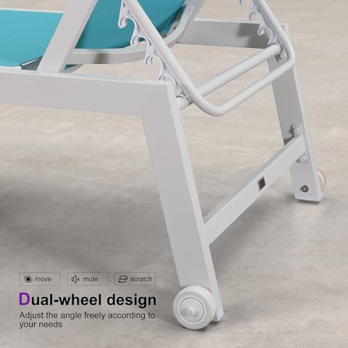 PURPLE LEAF Patio Lounge Chair 2 Pieces White Aluminum Outdoor Chaise Lounge for Pool Backyard Beach with Wheels and Table, Turquoise - color: Turquoise, style: Standard Inclining-leg
