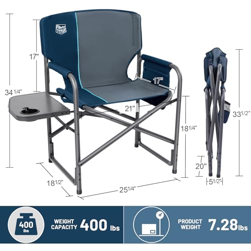 TIMBER RIDGE Aluminum Oversized Camping Chair, Lightweight Portable Directors Chair with Side Table Detachable Side Pocket for Outdoor Camping, Lawn, Picnic, Support 400lbs Blue 2 Pack - color: Blue-2 Set