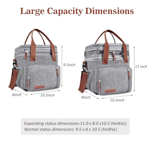 Lunch Box & Lunch Bag for Women Men, Expandable Large Insulated Adult Lunch Bag with Strap, Double Deck Leakproof Lunchbox Durable Cooler Bags for Work Picnic Beach,16L, Gray - color: Gray