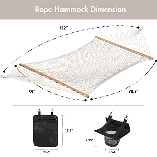 ANOW Rope Hammock Double Hammock with Hardwood Spreader Bar and Carrying Bag, 450 LBS Weight Capacity for Two Person, Natural - color: Natural, size: Without Stand
