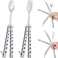 Flutesan 2 Pcs Butterfly Fork and Spoon Set, Tactical Butterfly Spoon Folding Stainless Steel Spork Utensil Set Balisong Trainer for Travel Camping Hunting BBQ Kitchen(Silver) - color: Silver