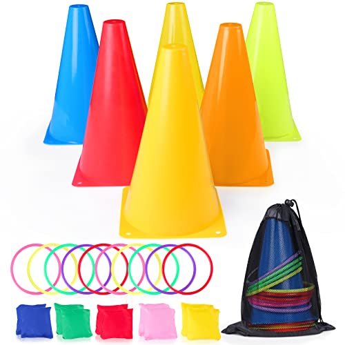 3 in 1 Carnival Games Set, Soft Plastic Cones Cornhole Bean Bags Ring Toss Games For Carnival Kids Birthday Party Indoor Outdoor Games Supplies