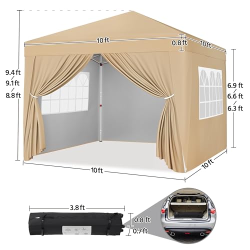 Yaheetech 10x10 Pop Up Canopy with 4 Removable Sidewalls, Portable Enclosed Instant Tent, Waterproof Outdoor Tent, Beach Sun Shelter with 4 Sandbags, 12 Stakes & 4 Ropes, Khaki - color: Khaki, size: 10x10