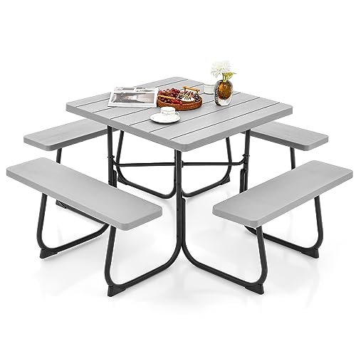 Giantex Picnic Table Bench Set for Up to 8 Persons, Square Outdoor Table and Bench with Umbrella Hole, HDPE Top & Metal Frame, 2000LBS Capacity, Patio Table Bench Set for Deck Backyard Garden, Gray - color: Grey, size: Square-35"x35"x30"