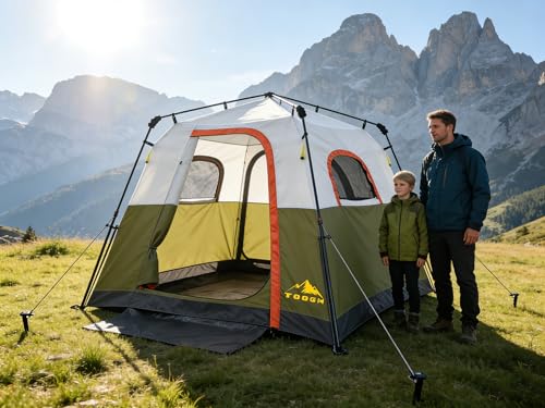 3/4 Person Camping Tent with 1 Door, 4 Windows, and Upgraded Ventilation– Instant Setup, Waterproof, 8'x 8'x 67''Oxford Fabric Floor Pop Up in 60 Seconds Includes Rainfly and Backpack - color: 4 Person Army Green/2-Layer