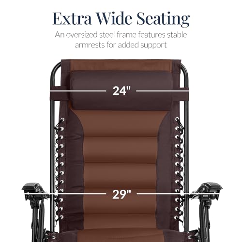 Best Choice Products Oversized Padded Zero Gravity Chair, Folding Outdoor Patio Recliner, XL Anti Gravity Lounger for Backyard w/Headrest, Cup Holder, Side Tray, Polyester Mesh - Espresso/Brown - color: Espresso/Caramel