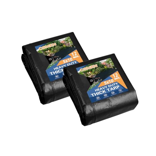 Tarp Heay Duty Waterproof 5x10ft 2pack,Black Tarps Plastic Tarp Cover Poly Tarpaulin for Outdoor Cover,Emergency Rain,Roof, Pool, Boat,Camping - Multipurpose with 12Mil Thickness - color: Black-12mil, size: 5x10 2pack