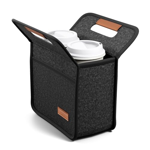 Fluxynara 2-Cup Reusable Felt Drink Carrier with Handle and Adjustable Shoulder Strap, Drink Holder for Car, Multi-Cup Drink Carrier Bag for Delivery, Travel, Picnics (Charcoal Gray) - color: Charcoal Gray, size: 2 Cups