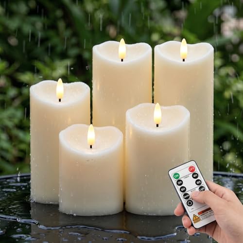 Amagic Waterproof Outdoor Flameless Candles with Remote, LED Candles Battery Operated with Timer, Flickering Fake Pillar Candle for Outside Patio Yard Decor, Ivory, Set of 5, D3 X H4 5" 6" 8" 8" - color: Ivory White, size: D3"x H4"5"6"8"8"