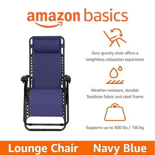 Amazon Basics Outdoor Portable Zero Gravity Reclining Lounge Chair with Headrest Pillow, Textilene, Lightweight, 26", Blue - color: Navy Blue