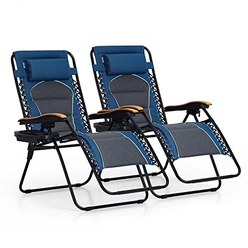 PHI VILLA XXL Oversized Padded Zero Gravity Chair Set of 2, Foldable Patio Recliner, 30" Wide Seat Anti Gravity Lounger with Armrest and Cup Holder, Support 400 LBS (Blue Accents) - color: Blue Accents, style: 2 Pcs