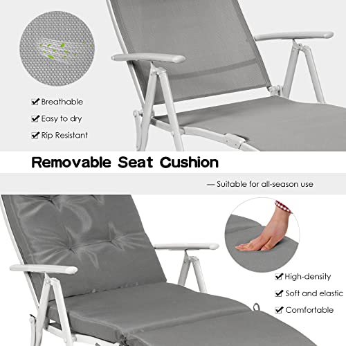 Giantex Chaise Lounge Chair for Outside, Pool Folding Reclining Beach Chair W/Removable Cushion&Headrest Pillow, Outdoor Lounge Chaise w/ 7 Backrest Positions, Portable Patio Lounger (1, Grey) - color: Grey