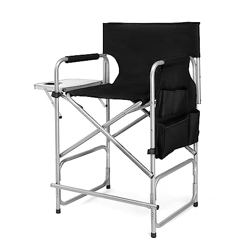 mefeir 26" Tall Folding Directors Chair with Side Table,Portable Makeup Artist Bar Height, Steel Frame 300 lbs Capacity, 19.2" D x 23.6" W x 40.5" H,Black - color: Black, size: 26in