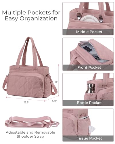 Large Lunch Tote Bag for Women with Multi-Pockets Puffy Light Durable Insulated Lunch Bag Women - color: Pink