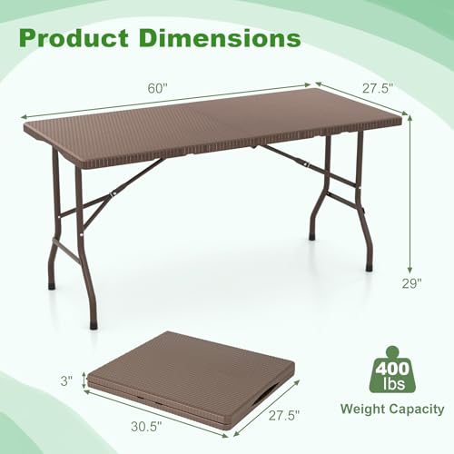 Tangkula 5FT Folding Table, Indoor Outdoor Foldable Plastic Table with Rattan Textured HDPE Tabletop, Sturdy Metal Fame, Carrying Handle, 4-6 Person Picnic Table for Camping BBQ Party - color: Coffee, size: 60 in, style: Classic