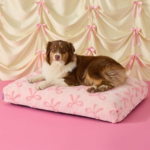 LE SURE Large Dog Beds-Thick Shredded Chopped Foam Pet Bed as Gift for Indoor with Removable Cover, Cute Modern Fuzzy Plush & Anti Slip Bottom,Bow Pink - color: Bow Pink, size: 36.0"L x 27.0"W x 4.0"Th