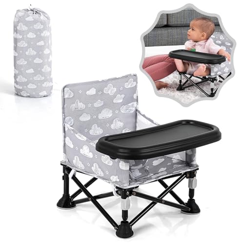 Toddler Booster Seat for Kitchen Chair & Travel - Portable Foldable with Removable Tray, Baby Camping Chair 6-36 Months Indoor Outdoor (White Cloud Design) - color: White Cloud Booster Seat