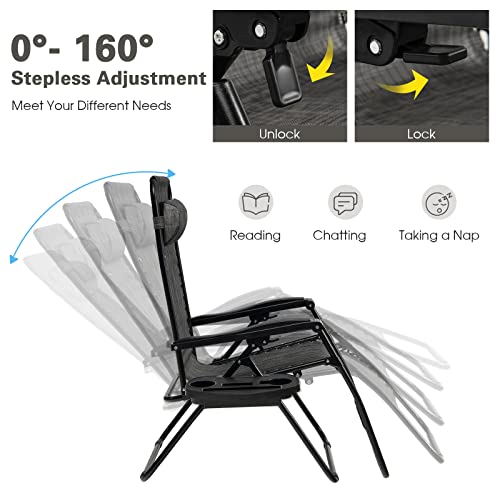 Goplus Zero Gravity Lounge Chairs, 160°Adjustable Folding Recliner w/Pillow and Cup Holder, 350LBS Comfy Outdoor Lounge Chairs for Patio, Lawn, Yard & Camp(1, Gray) - color: Grey, size: 35.4" x 25.2" x 43.3" (Set of 1)