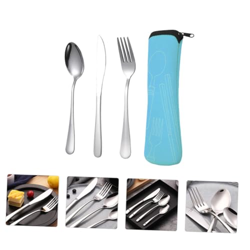 GLEAVI Stainless Steel Cutlery Set 3pcs Portable Fork Spoon Knife Tableware with Blue Carry Bag for Camping Picnic Outdoor Dining