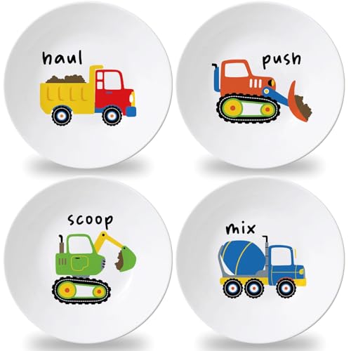 4 Set 10 Inch Construction Truck Plates Melamine Construction Truck Dinnerware Set Reusable Baby Shower Vehicle Melamine Plate Dishwasher Safe for Toddlers Creatively Drop Resistant Cute Plastic Dish - style: Construction Truck