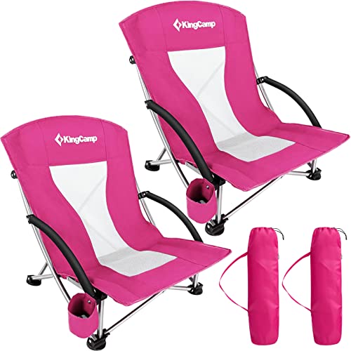 KingCamp Low Beach Chair 2 Pack Folding Portable Lightweight Backpack Chair for Adults with Cup Holder Pocket Carry Bag for Outdoor Camping Concert Festival Travel Sports Lawn Sand, Rose - color: Darkrose-low Back-2 Pack