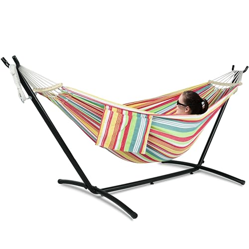 Gafete Double Hammock with Stand for Outside, Upgraded Spreader Bar, Heavy Duty Space Saving Steel Stand 2 Person, Side Pockets, Easy Assembly, 600lbs Weight Capacity, Indoor & Outdoor (Salsa Orange) - color: Salsa Orange