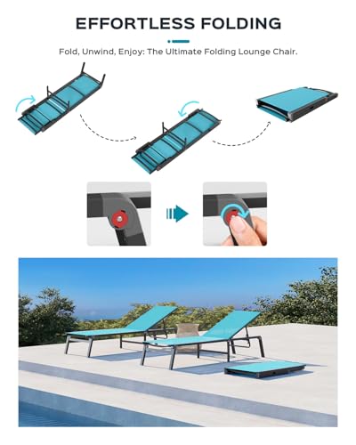 Patio Chaise Lounge Chair Set of 4, Foldable Lounge Chair for Outside, Aluminum Chairs with 5 Adjustable Backrest, Outdoor Pool Lounger for Poolside, Lawn, Patio, Lake Blue - color: Lake Blue, size: 4 Packs