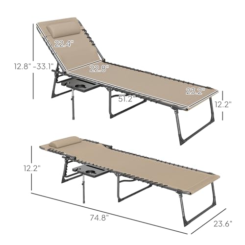 Outsunny Folding Chaise Lounge Chair Outdoor Tanning Chair with Side Table, 5-Level Adjustable Beach Lounge Chair with Headrest, Side Pocket for Patio, Backyard, Beach, Poolside, Beige - color: Beige