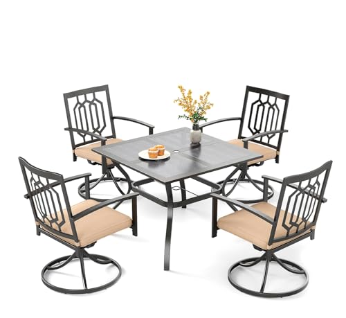 PHI VILLA 5 Pieces Outdoor Dining Set for 4, 37” Square Wrought Iron Table with Mesh Tabletop & Swivel Metal Steel Chairs with Cushions, Outside Furniture Set for Patio, Porch, Deck, Backyard - color: Hexagon Back Swivel Chair, size: 5PCS-37" Mesh Top Tab