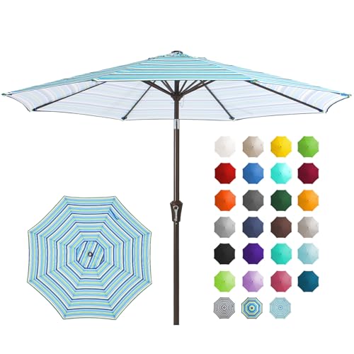 JEAREY 9FT Outdoor Patio Umbrella Outdoor Table Umbrella with Push Button Tilt and Crank, Market Umbrella 8 Sturdy Ribs UV Protection Waterproof for Garden, Deck, Backyard, Pool (Blue Green Stripe) - color: Blue Green Stripe