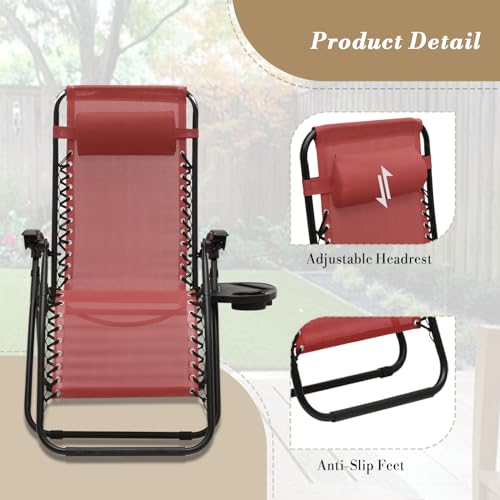 Athena Collection Zero Gravity Outdoor Lounge Chair Set of 2 with Side Table, 25" Width Pool Lounge Lawn Chairs Reclining with Cup Holder, Outdoor Chaise for Beach Patio Backyard Outside, Dark Red - color: Dark Red, style: 25" Width