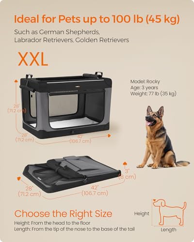 Feandrea Collapsible Dog Crate, 42-Inch Portable Dog Travel Crate for Large Dogs, Oxford Fabric Pet Carrier with 4 Mesh Doors, Handles, Storage Pocket, Water Bottle Holder, Ink Black UPDC021B01 - size: XXL（42"L x 28"W x 28"H)